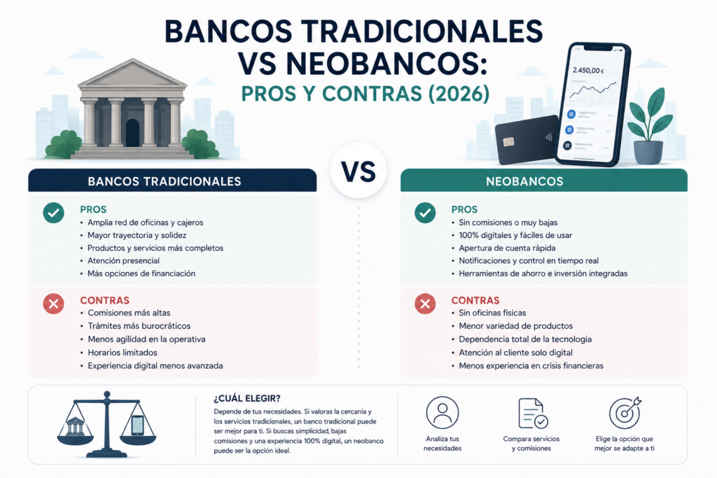 bancos tradicionales vs neobancos pros y contras 2026